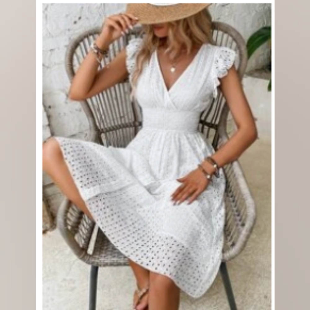 Eyelet embroidery ruffle trim dress